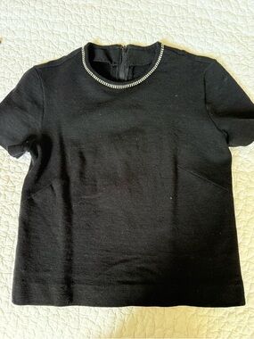 Vintage! Black Short-Sleeve Wool Blend Knit Top with Jeweled Neckline